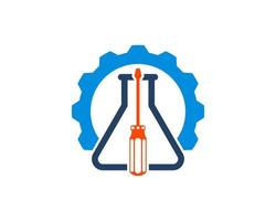 Mechanical gear with laboratory bottle and screwdriver inside vector