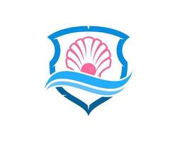 Shield with abstract beach wave and clams inside vector