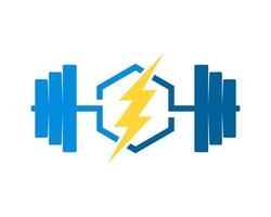 Gym barbell with hexagonal shape and electrical lightning inside vector