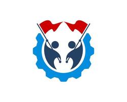 Mechanical gear with twin people with flag inside vector