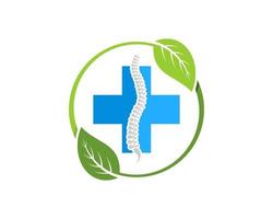 Circular nature leaf with medical cross and backbone inside vector