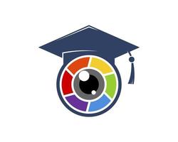 Circle shape with graduation hat and rainbow lens camera inside vector