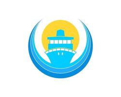 Circular beach wave with ship and sun behind vector