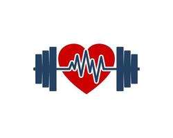 Red love shape with gym barbel and medical pulse inside vector