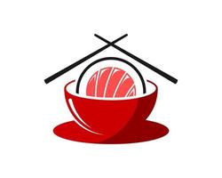 Red bowl with cross chopstick and sushi inside vector