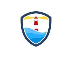 Simple shield with abstract beach wave and lighthouse inside vector