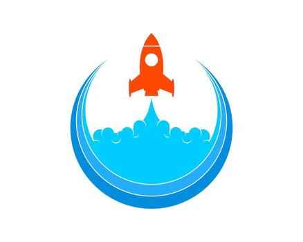 Circular abstract shape with smoke and rocket gliding vector