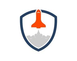Simple shield with gliding space ship inside vector
