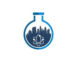 Simple bottle laboratory with city building and DNA symbol vector