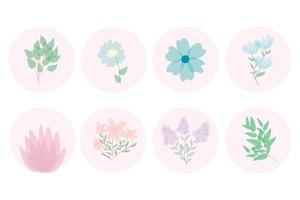 Highlight covers for social media stories vector. Multicolored circles with flowers and leaves. Round floral botanical icons. Perfect for bloggers, brands, stickers, wending, design, decor vector