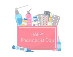 Happy Pharmacist day. Professional holiday celebration. Medical first aid kit isolated. Medicines pills, capsules, sprays, bottles in box. Vector illustration