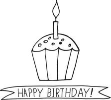 cupcake with candle and lettering happy birthday. greeting card template. hand drawn doodle style.  minimalism, monochrome, sketch. food, sweets, dessert birthday holiday vector