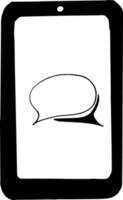 smartphone with speech cloud on screen icon, sticker. sketch hand drawn doodle. minimalism, monochrome. phone, social media, networks, blogger, blog, blogging technology electronics chat communication vector