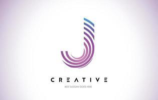 J Lines Warp Logo Design. Letter Icon Made with Purple Circular Lines. vector