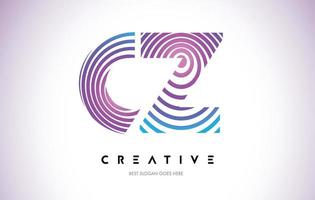 CZ Lines Warp Logo Design. Letter Icon Made with Purple Circular Lines. vector