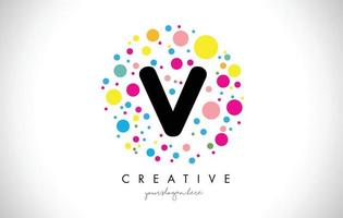 V diseño de logotipo de letra de puntos de burbuja con burbujas de colores creativas. vector