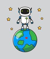 Cute robot standing on planet earth vector