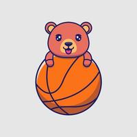 Cute bear hugging huge basket ball vector