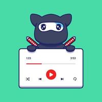 lindo gato ninja con interfaz de reproductor de música vector