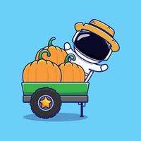 lindo astronauta vendiendo calabaza con camión vector