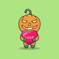 Cute pumpkin monster hugging love balloon vector