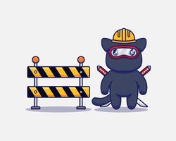 Cute ninja cat with helmet and roadblock vector