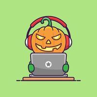 Cute pumpkin monster with laptop and headphone vector
