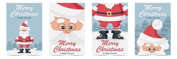 Set of Christmas and New Year cards. Cute Santa Claus with glasses, in his red suit with stocking cap and black boots wishes Merry Christmas and Happy New Year. Flat vector illustration.
