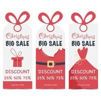 Set of Christmas sale labels. Christmas discount tags in red and white with hole and bow. Gift box, silhouette of Santa with beard and bag with presents on the background. Flat vector illustration.