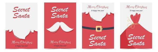 Secret Santa Claus cards set. Merry Christmas and Happy New Year banner template or invitation with white beard and moustache, red Santa suit and bag with gifts. Flat vector illustration.