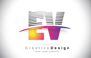 Ev ev diseño de logotipo de letra con líneas creativas y swosh en color de pincel morado. vector