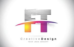 Diseño de logotipo de letra ft ft con líneas creativas y swosh en color de pincel morado. vector