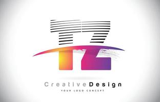 Diseño de logotipo tz tz carta con líneas creativas y swosh en color de pincel morado. vector