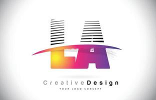 Diseño de logotipo la la letra con líneas creativas y swosh en color de pincel morado. vector