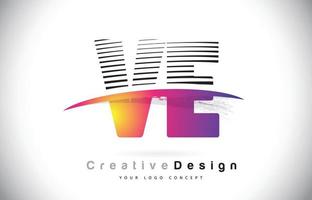 VE V E Letter Logo Design With Creative Lines and Swosh in Purple Brush Color. vector