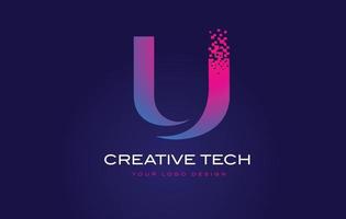 U Initial Letter Logo Design with Digital Pixels in Blue Purple Colors. vector