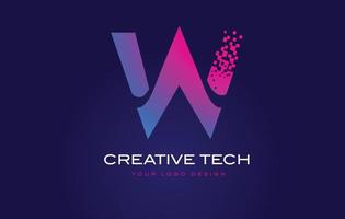 Diseño de logotipo de letra inicial w con píxeles digitales en colores azul violeta. vector
