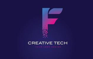 F Initial Letter Logo Design with Digital Pixels in Blue Purple Colors. vector