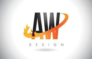 Logotipo de letra aw aw con diseño de llamas de fuego y swoosh naranja. vector