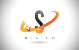 Logo de letra s con diseño de llamas de fuego y swoosh naranja. vector