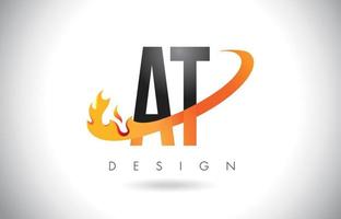 AT A T Letter Logo with Fire Flames Design and Orange Swoosh. vector
