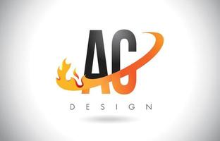 Logotipo de letra ac ac con diseño de llamas de fuego y swoosh naranja. vector