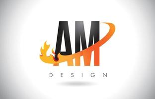 AM A M Letter Logo with Fire Flames Design and Orange Swoosh. vector