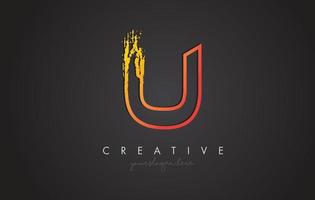 U Letter Design with Golden Outline and Grunge Brush Texture. vector
