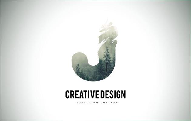 J Letter Brush with Forest Fog Texture. Forest Trees Letter Logo Design.