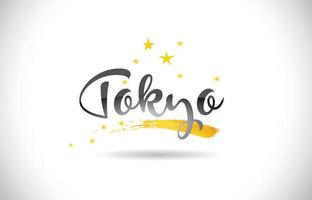 Tokyo Word Vector Text with Golden Stars Trail and Handwritten Curved Font.