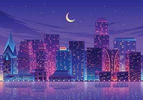 Night City Water Reflection Landscape Illustration vector