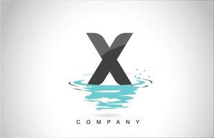 Diseño de logotipo de letra x con ondas de salpicaduras de agua gotas de reflexión vector