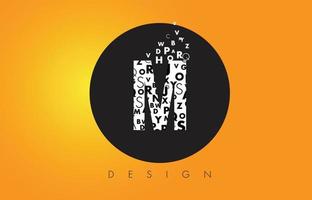 M Logo Made of Small Letters with Black Circle and Yellow Background. vector