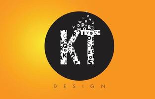 KT K T Logo Made of Small Letters with Black Circle and Yellow Background. vector